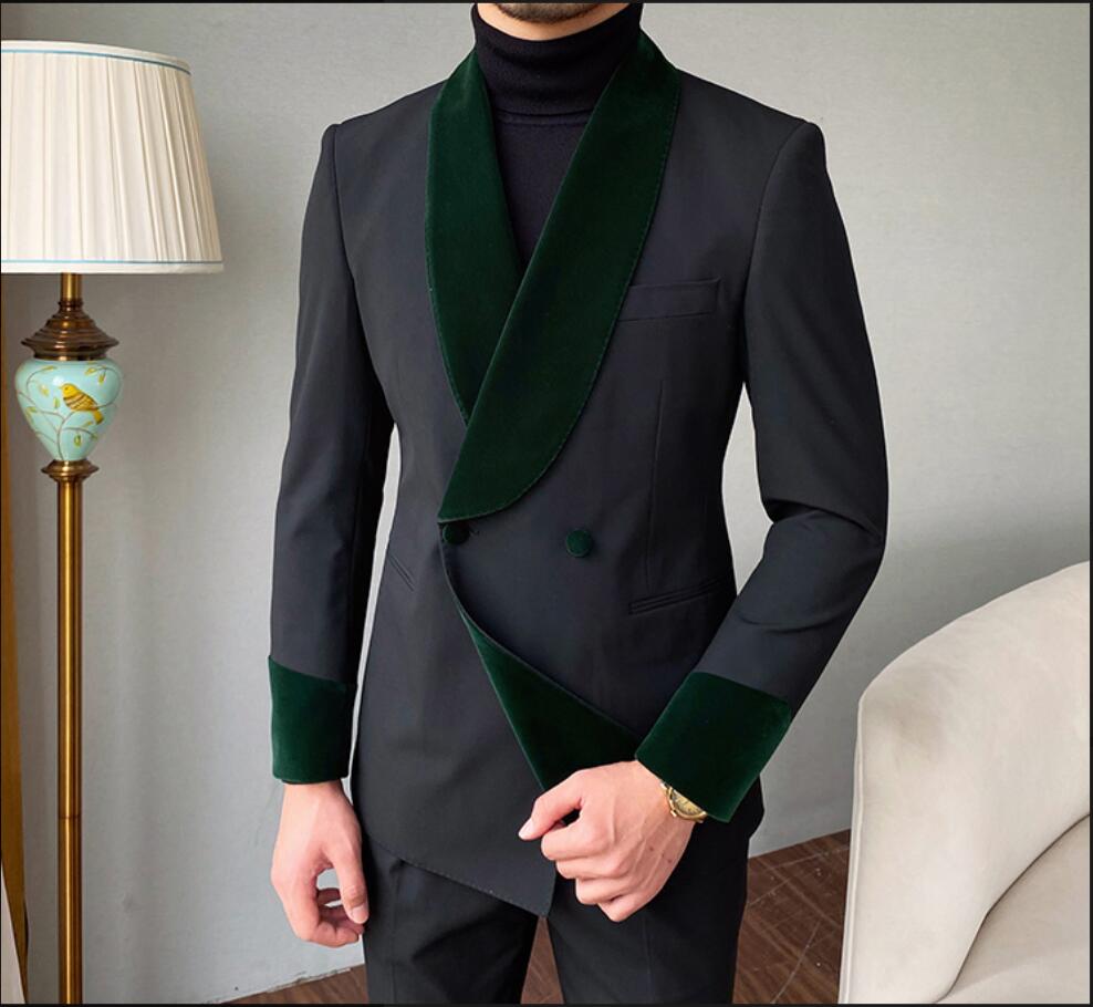 Grey Double Breasted Mens Wedding Tuxedos Green Shawl Lapel 2 Pieces Cotumes Pour Hommes Business Customize Terno Masculinos