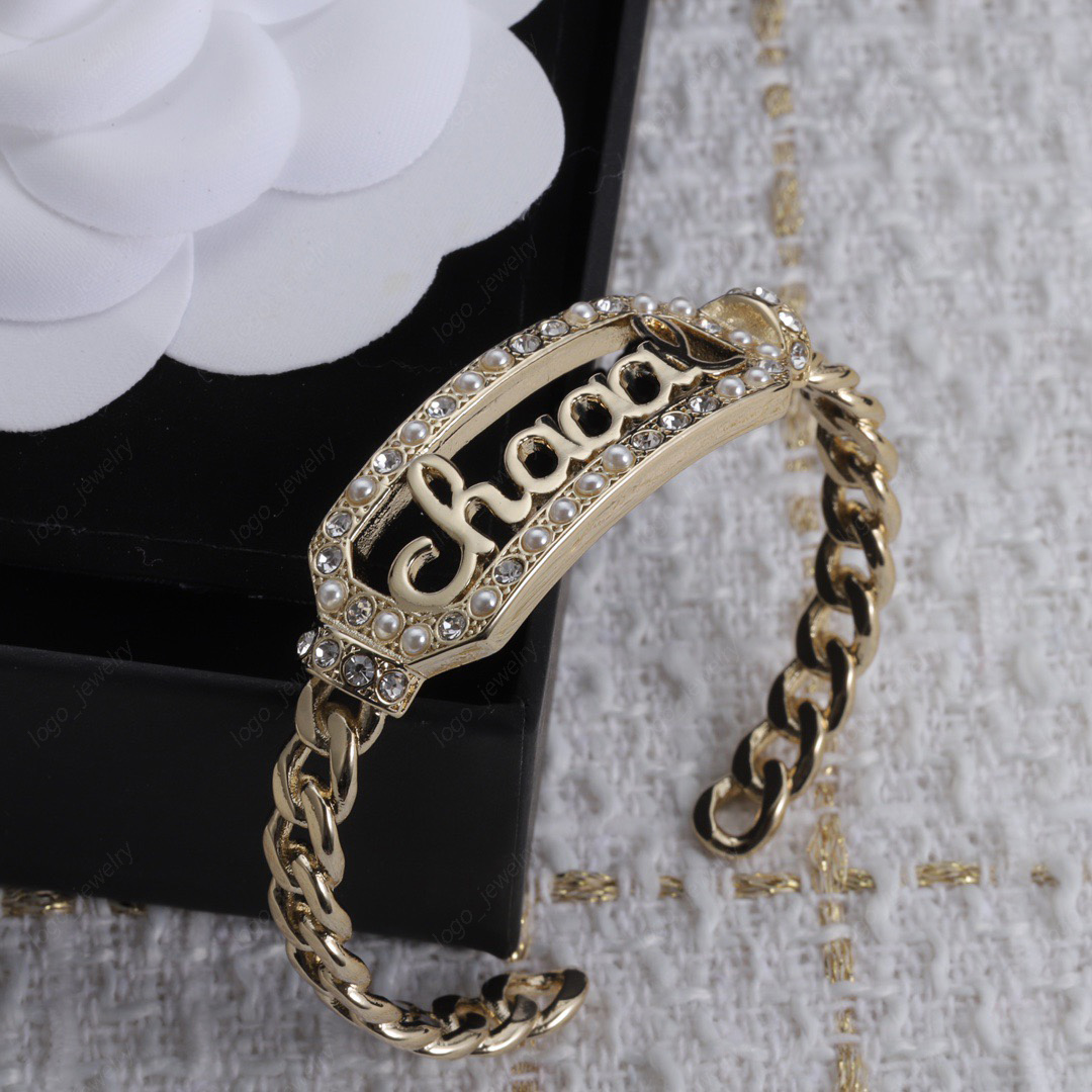 golden Half opening Bracelet Cuff, Alphabet rectangle Embed zircon pearl Multi-element, designer fashion ladies, weddings, banquets, Valentine's Day, Christmas, gifts