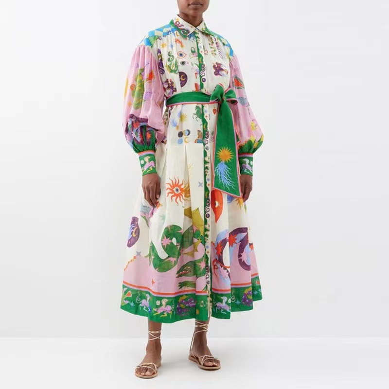 Australian designer dress Vintage Bohemian dress with lapel single breasted long lantern sleeve graffiti print lace up waist up skirt