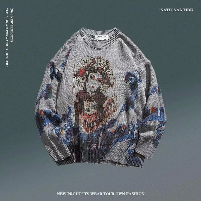 Men's Sweaters Autumn Chinese Style Printed Dyed Pullover Sweater Loose Retro National Beijing Opera Top Couple Unisex Jumpers Streetwear 230828