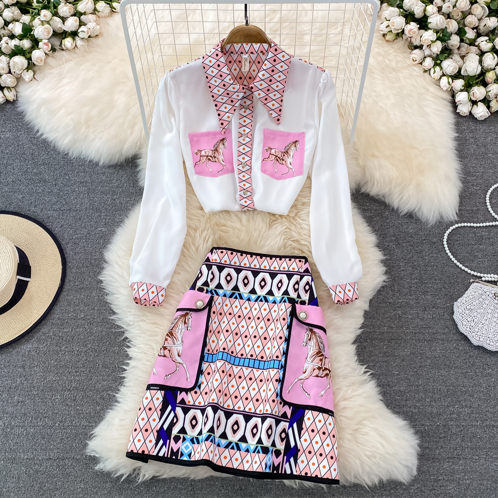 Two Piece Dress Summer Fashion Runway Skirt Suit Women's Short Sleeve Horse Geometry Print Blouse A Line Pocket Mini Skirt 2 Two Piece Set 230829