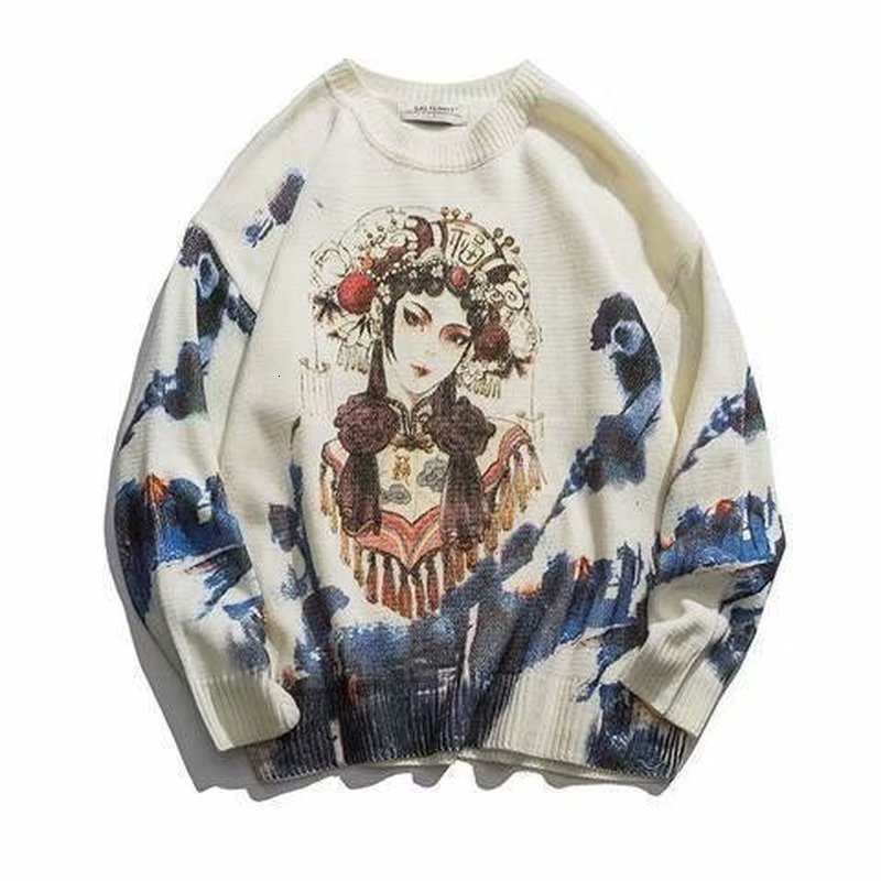 Men's Sweaters Autumn Chinese Style Printed Dyed Pullover Sweater Loose Retro National Beijing Opera Top Couple Unisex Jumpers Streetwear 230828