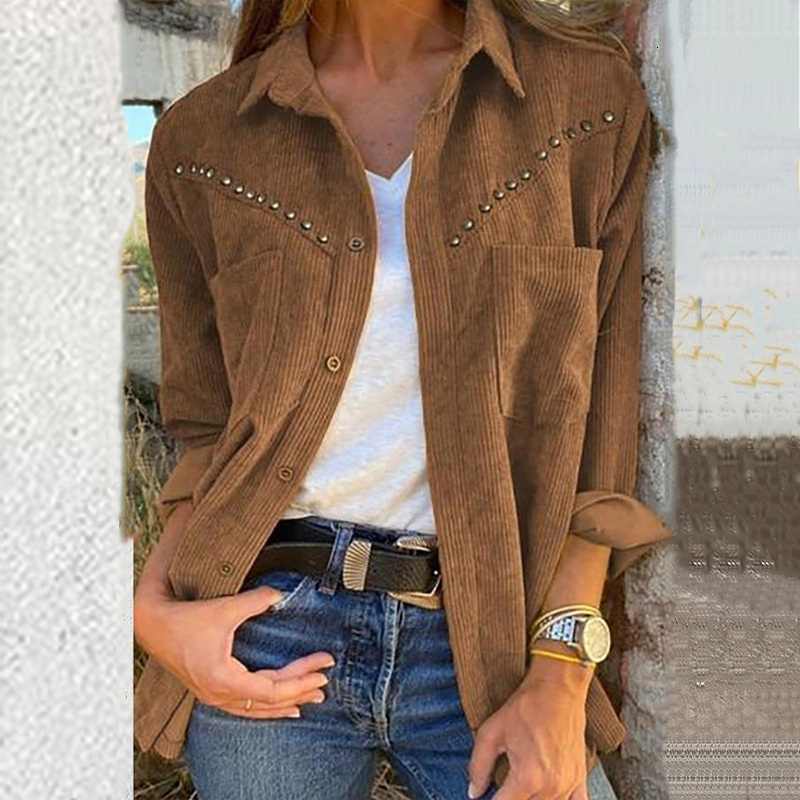 Women's Jackets Women Retro Corduroy Solid Outerwear Casual Single Breasted Long Sleeve Shirt Fashion Lapel Willow Studded Loose Cardigan Jacket 