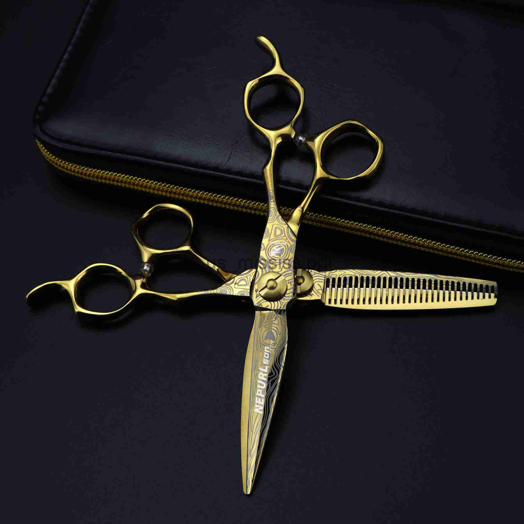 Scissors Shears Gold Steel Damascus 440c Professional barber tools Hairdressing salon hair cutting thinning shears set of 60 inch hair scissors x0829