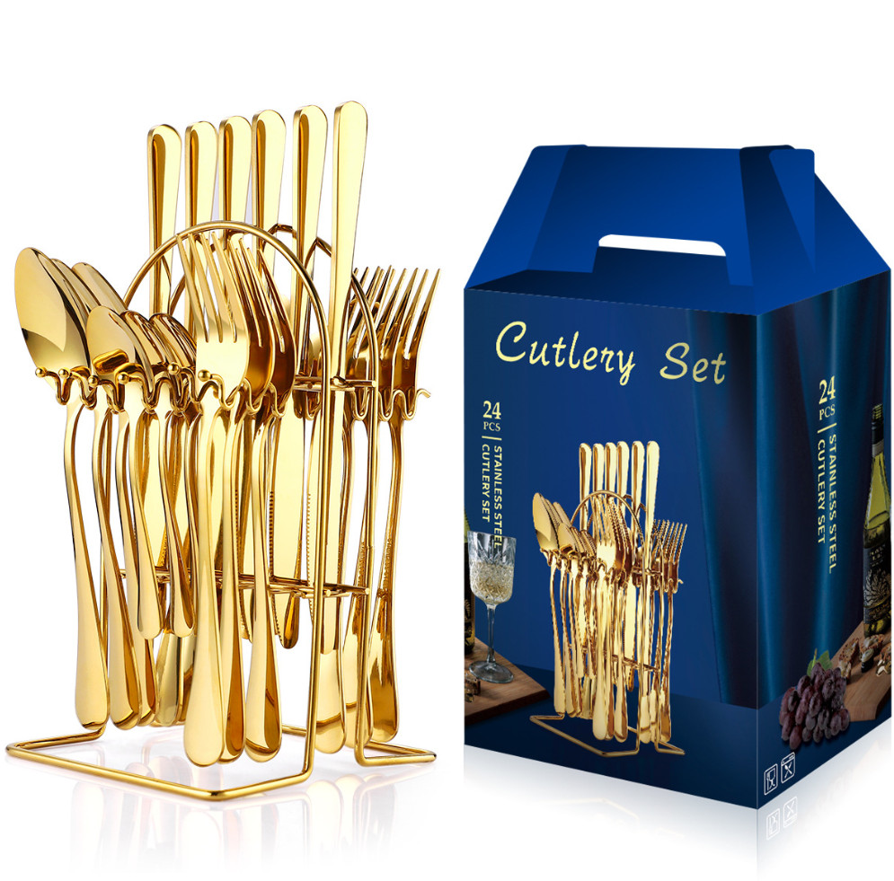 The latest 24-piece tableware set wooden box stainless steel tableware, many styles to choose from, any logo can be customized