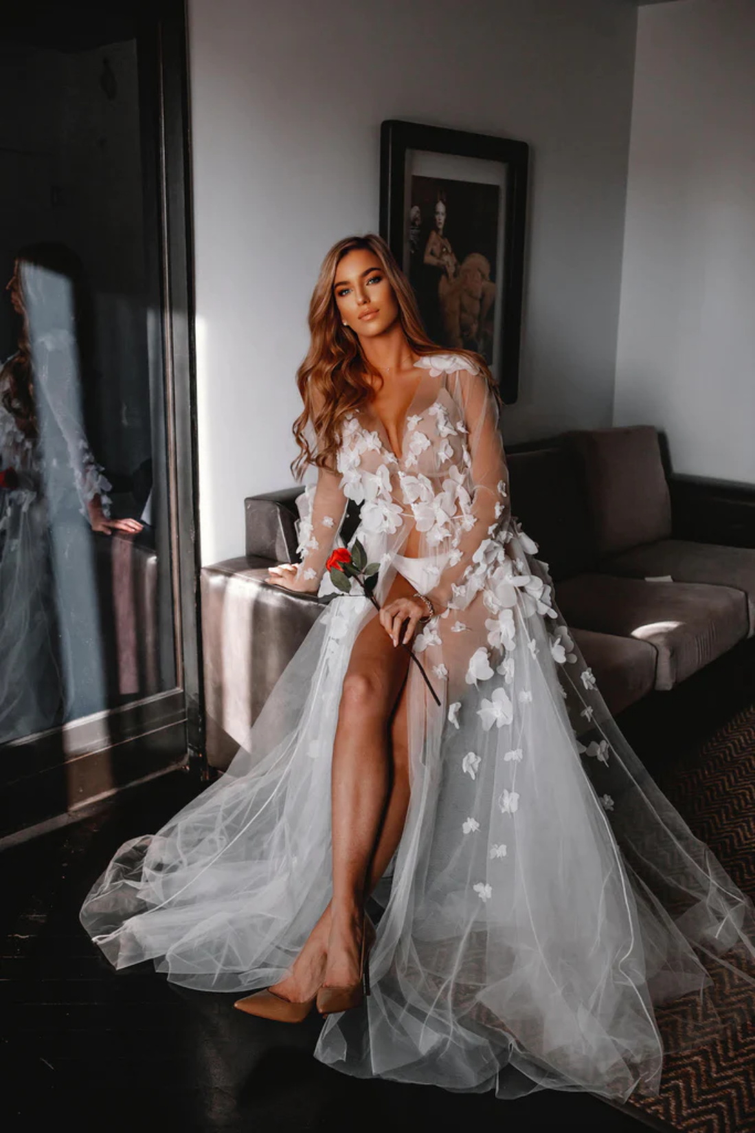 Modern White 3D Flower Bridal Robe for Wedding See Through Front Button Women Bathrobes V Neck Long Sleeve Wedding Party Sleepwear Lingerie Dressing K