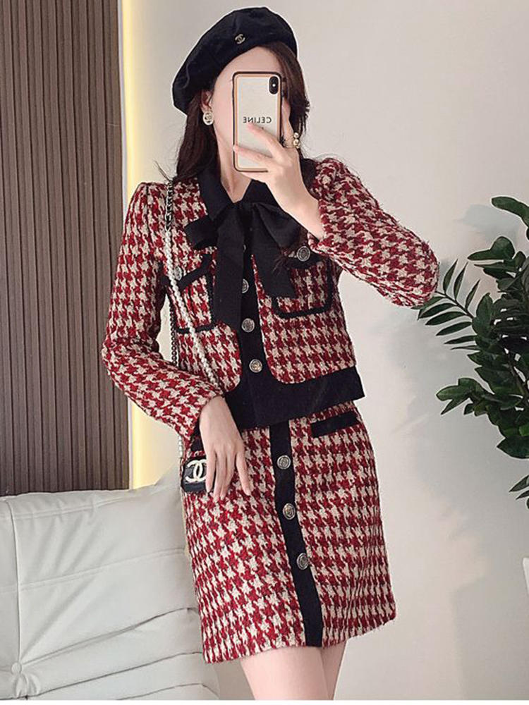 Two Piece Dress KBAT Spring 2 Piece Set Women Vintage Small Fragrance Tweed Jacket Bow Short Coat Mini Skirt Suits French Two Piece Sets 230829