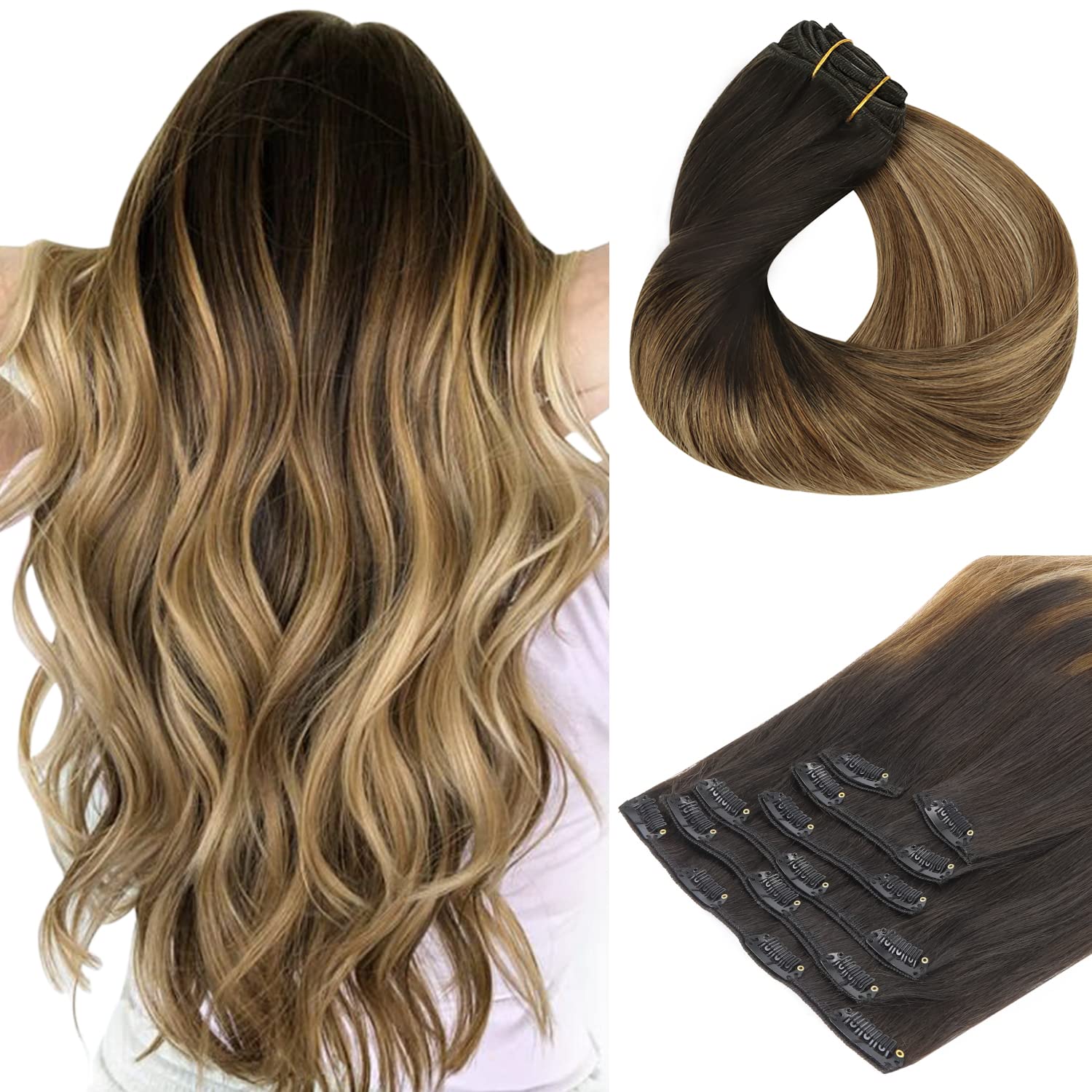 Balayage Clip in Remy Human Hair Extensions Slik Straight Ombre Seamless Clip ins Extension 120g