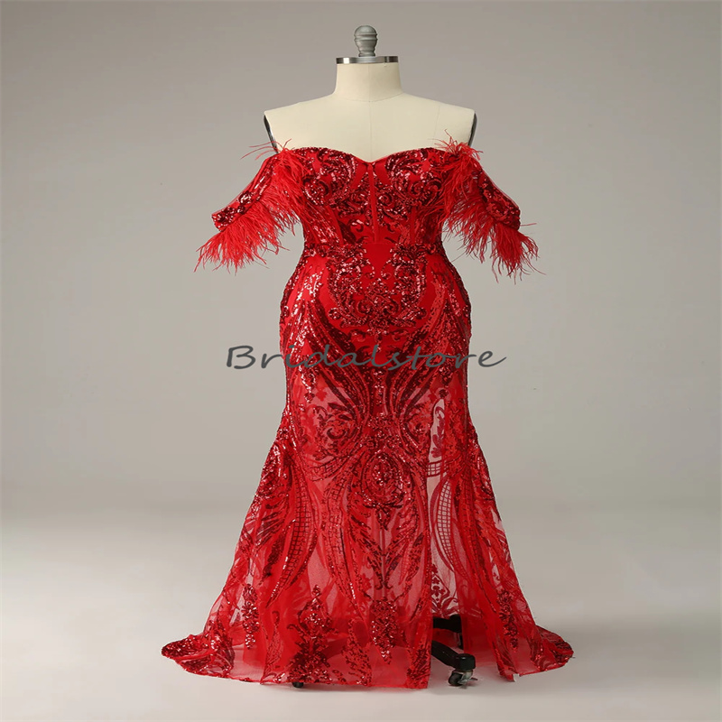 Glitter Red Sequins Evening Dress Sexy Mermaid Feather Prom Dress With Slit Elegant Formal Women Birthday Party Wear Graduations Occasio Pageant Gown 