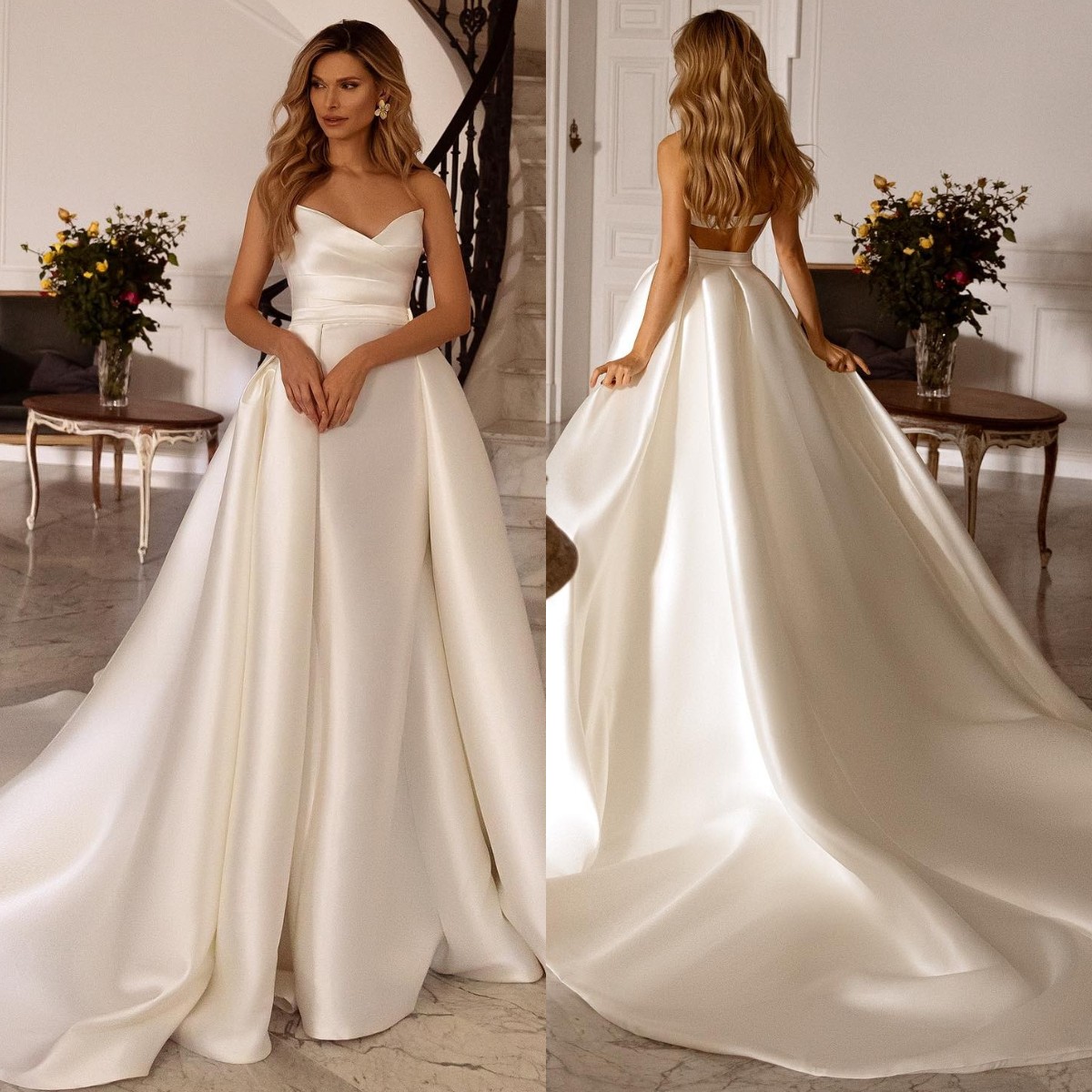 Elegant Mermaid Wedding Dresses Overskirts V Neck Satin Bridal Gowns With Sweep Train