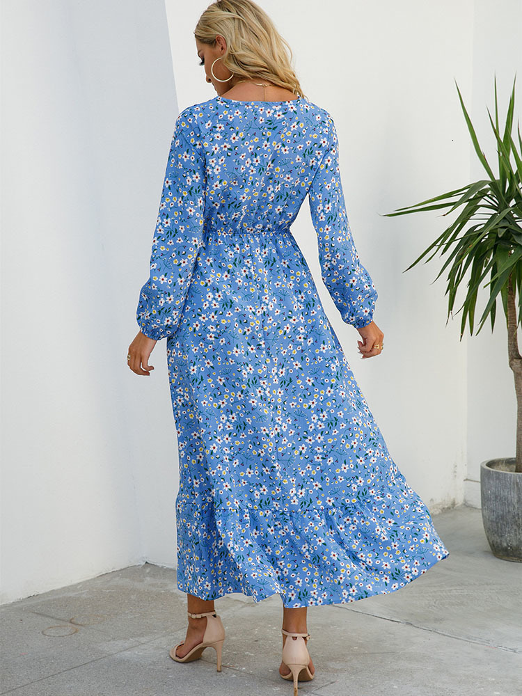 Basic Casual Dresses Elegant Floral Print Women Dress Spring Summer Casual O Neck Long Sleeve Chiffon A Line Long Maxi Dress Party Vestidos 230829