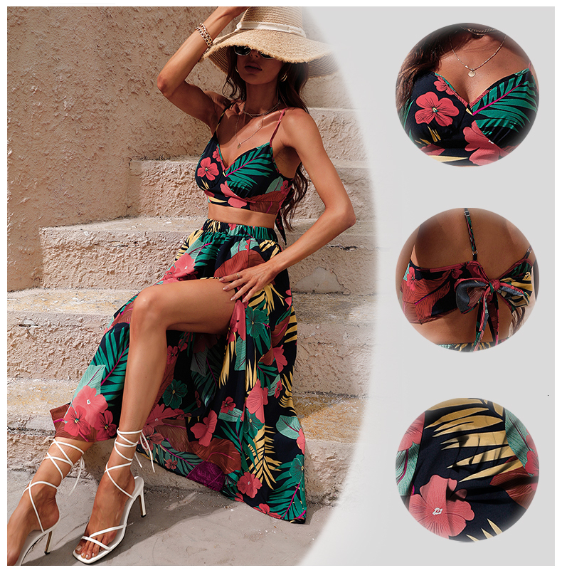 Two Piece Dress Y2K Bikini Crop Tops Long Dress Sexy Set for Women Summer Fashion Two Pieces Skirt Beach Style Floral Print Midi Sexy Boho Sets 230829
