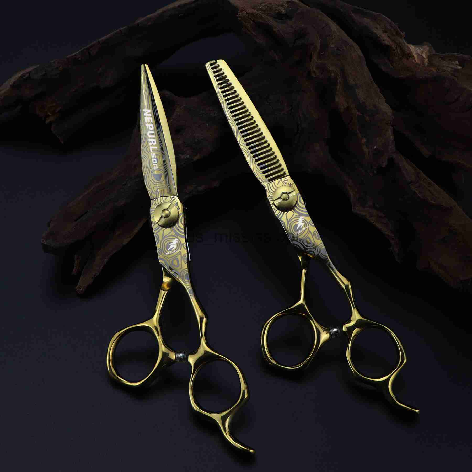 Scissors Shears Gold Steel Damascus 440c Professional barber tools Hairdressing salon hair cutting thinning shears set of 60 inch hair scissors x0829