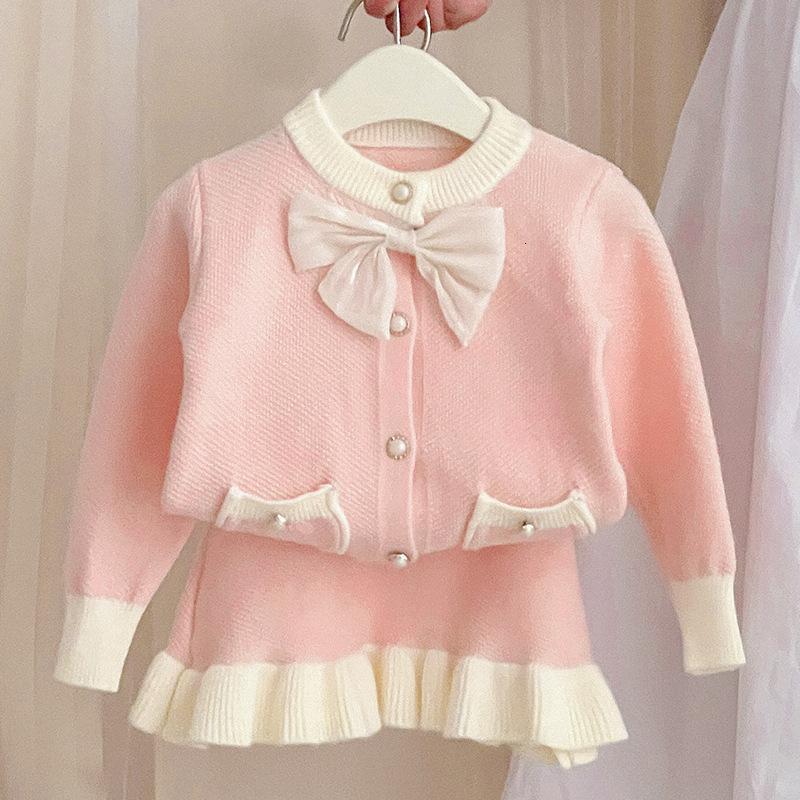 Clothing Sets 2023 Autumn Kids Girls Clothes Outfits 2Pcs Single Breastes Solid Coats with Bownot Skirt Child Tracksuit 2 4 6 8Year 230828