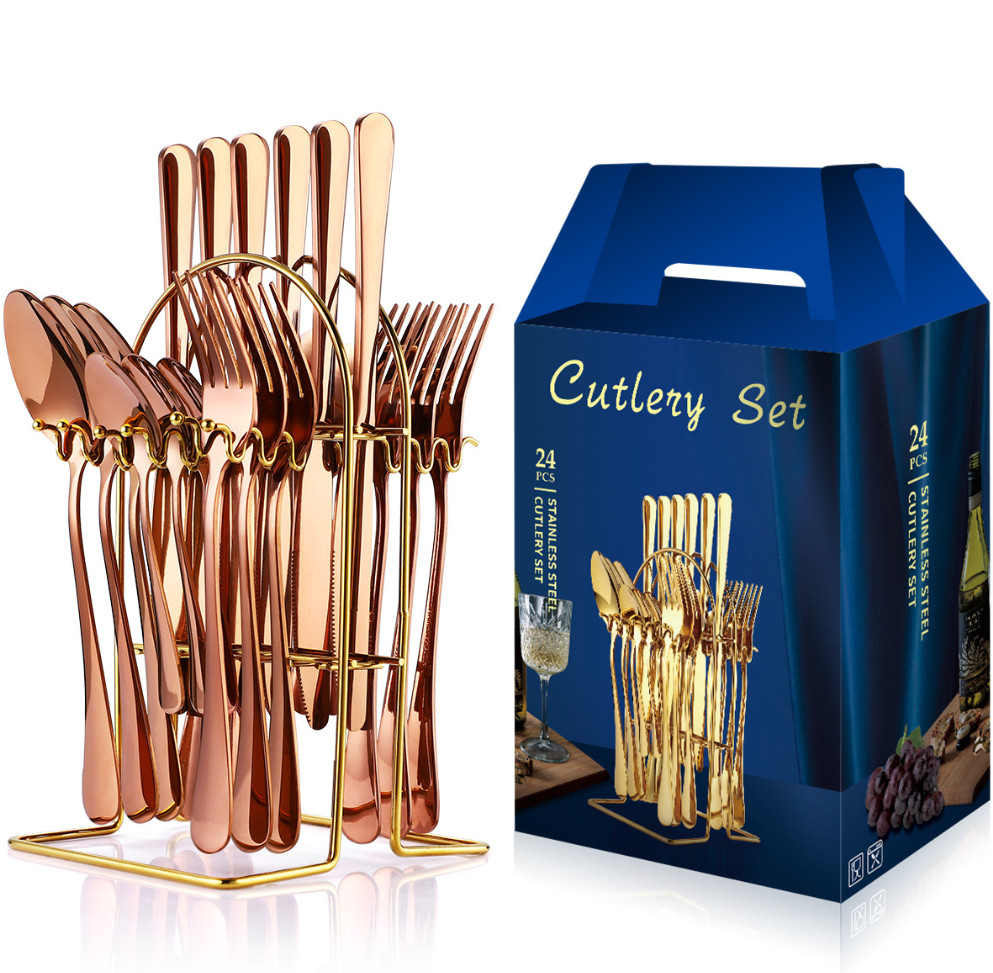 The latest 24-piece tableware set wooden box stainless steel tableware, many styles to choose from, any logo can be customized