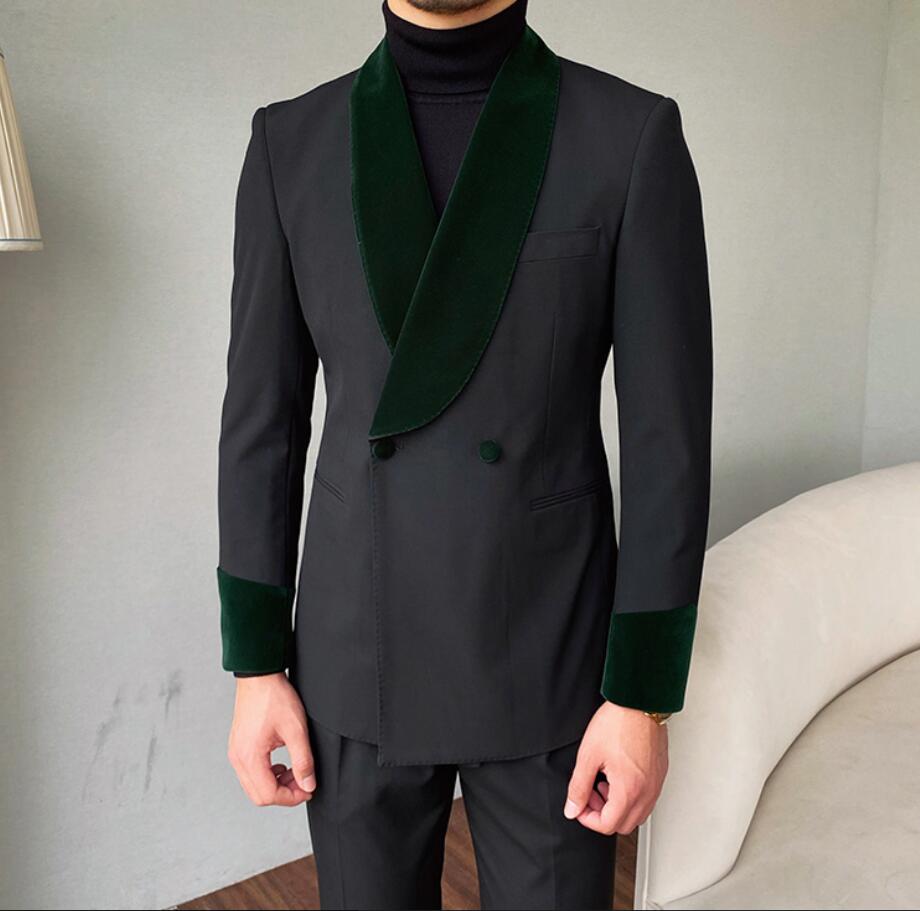 Grey Double Breasted Mens Wedding Tuxedos Green Shawl Lapel 2 Pieces Cotumes Pour Hommes Business Customize Terno Masculinos