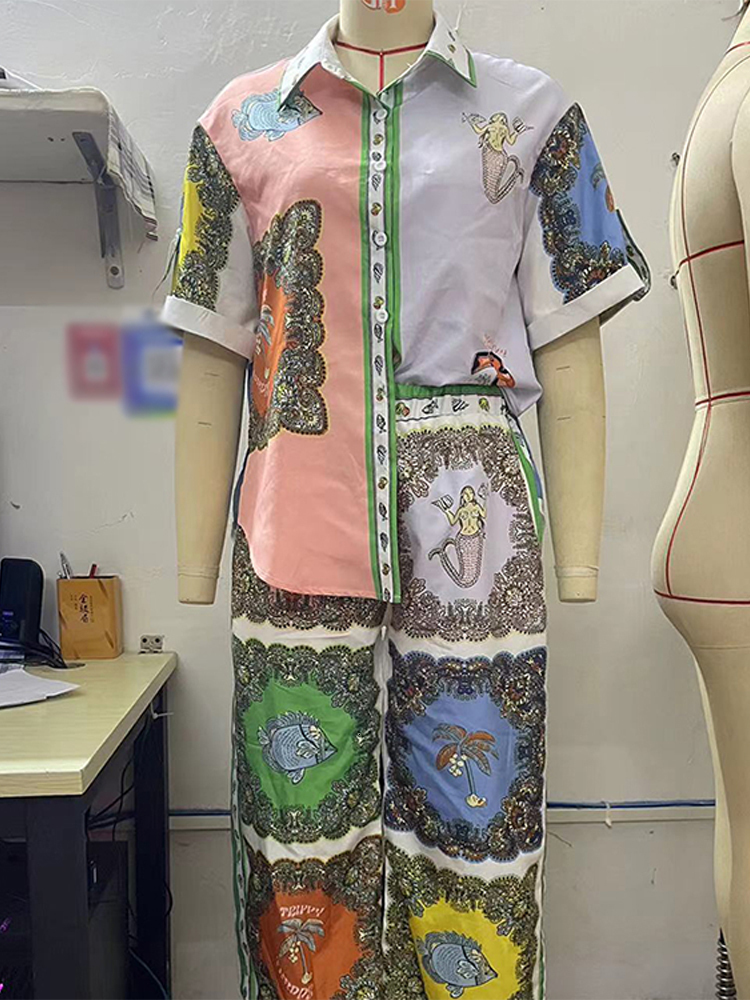 Women's Two Piece Pants Print Pant Sets Women Short Sleeve Single Breasted Top Wide Leg Drawstring Trousers Female Casual Shirt Two Piece Set For