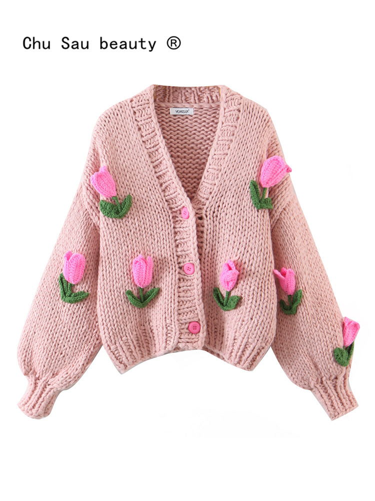 Women s Knits Tees Street Fashion Women Knitted Cardigan Autumn Winter Handmade Tulip Decoration Lantern Sleeve Sweater Coat Female 230829