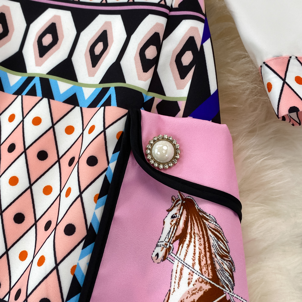 Two Piece Dress Summer Fashion Runway Skirt Suit Women's Short Sleeve Horse Geometry Print Blouse A Line Pocket Mini Skirt 2 Two Piece Set 230829