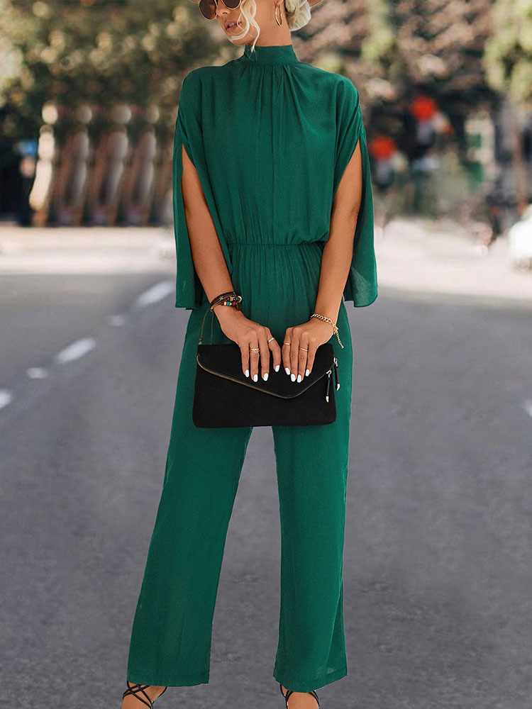 Women's Jumpsuits Rompers Elegant Women Jumpsuits Spring Loose Stand Collar Split Sleeve Office Romper Fashion Black Women Overalls Streetwear Fe