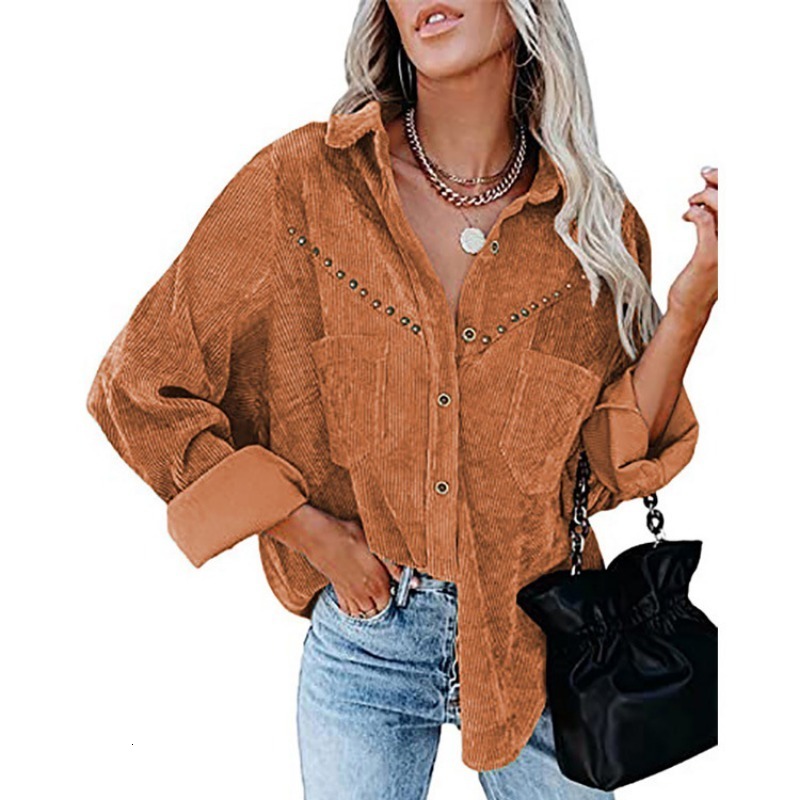 Women's Jackets Women Retro Corduroy Solid Outerwear Casual Single Breasted Long Sleeve Shirt Fashion Lapel Willow Studded Loose Cardigan Jacket 
