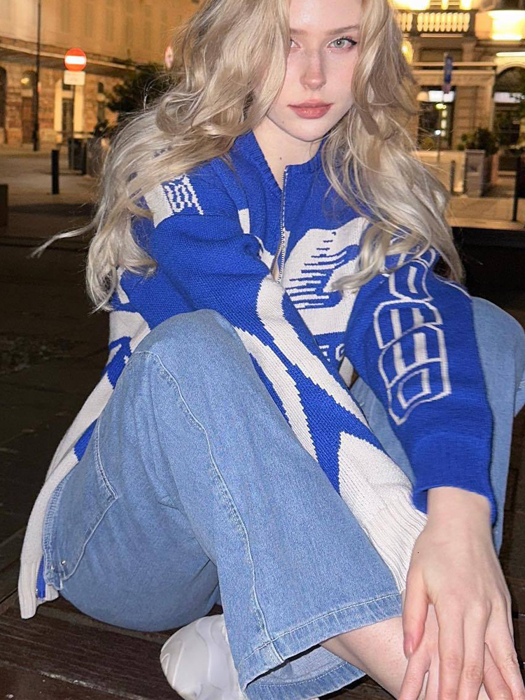 Women s Knits Tees Autumn Y2K Cardigan Women Letter Printed Knitted Sweaters Female Harajuku Zipper Cardigans Lady Loose O Neck Knitwear Streetwear 23