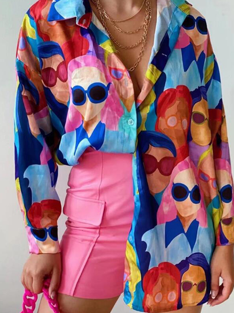 Women's Blouses Shirts Cartoon Character Avatar Print Women Shirt Fashion Single Breasted Lapel Spring Female Shirts Chic Long Sleeve Street Tops