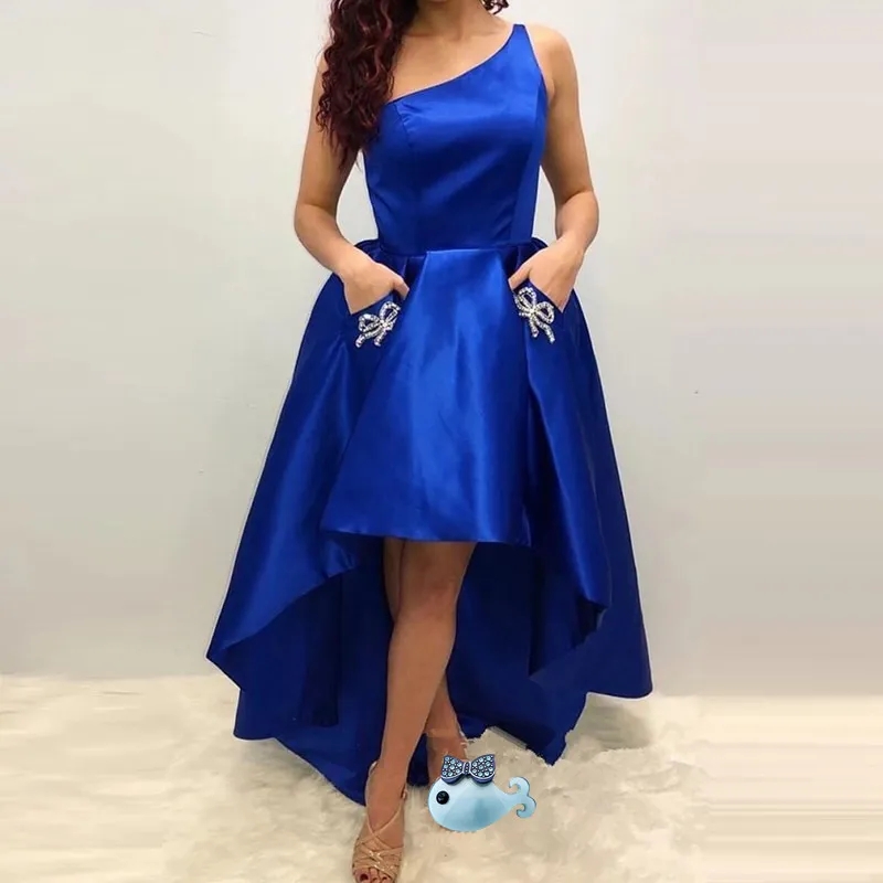 2023 Special k One Shoulder Prom Dresses Crystal Hi-Lo Satin Evening Formal Party Second Reception Birthday Engagement Gowns Dress Robe De Soiree