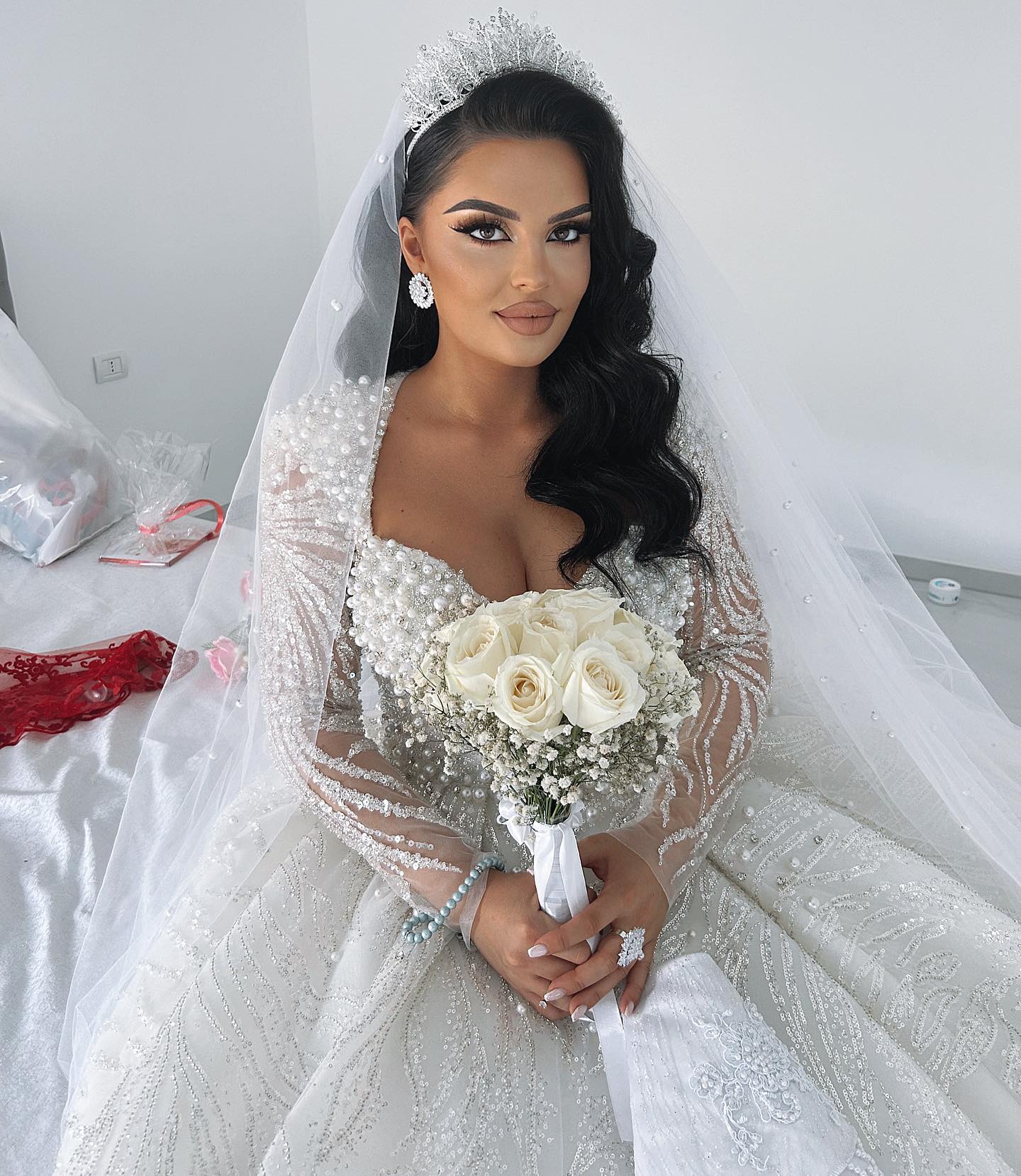 Crystal Ball Gown Dresses Illusion Long Sleeves Beads Pearls Wedding Dress Sweep Train bridal gowns