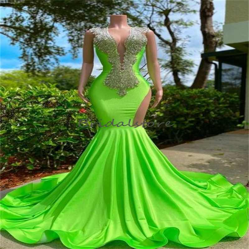Bright Green Mermaid Evening Dress With Beaded Elegant Open Back Orange Black Girls Prom Dresses 2023 Graduation Birthday Party Aso Ebi Formal Dance R