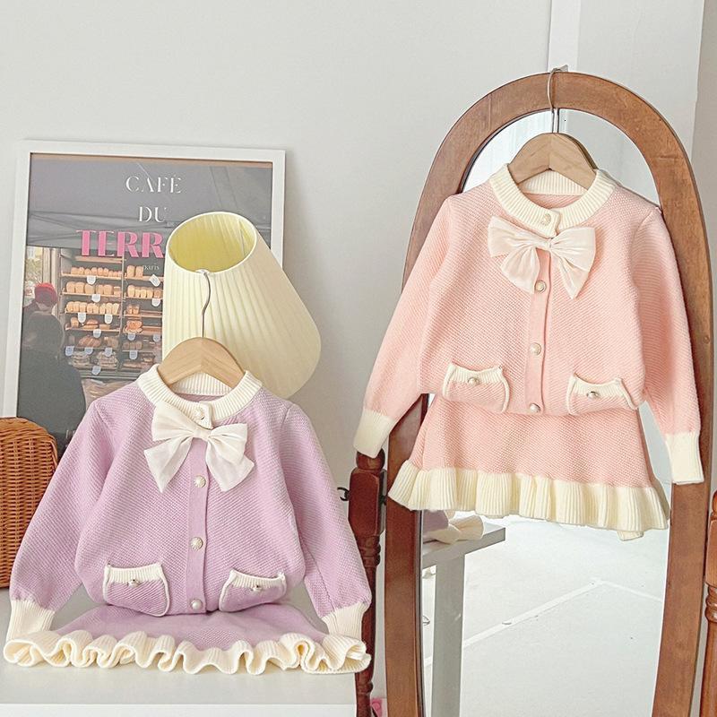 Clothing Sets 2023 Autumn Kids Girls Clothes Outfits 2Pcs Single Breastes Solid Coats with Bownot Skirt Child Tracksuit 2 4 6 8Year 230828