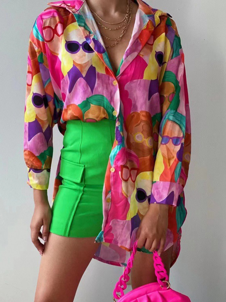 Women's Blouses Shirts Cartoon Character Avatar Print Women Shirt Fashion Single Breasted Lapel Spring Female Shirts Chic Long Sleeve Street Tops