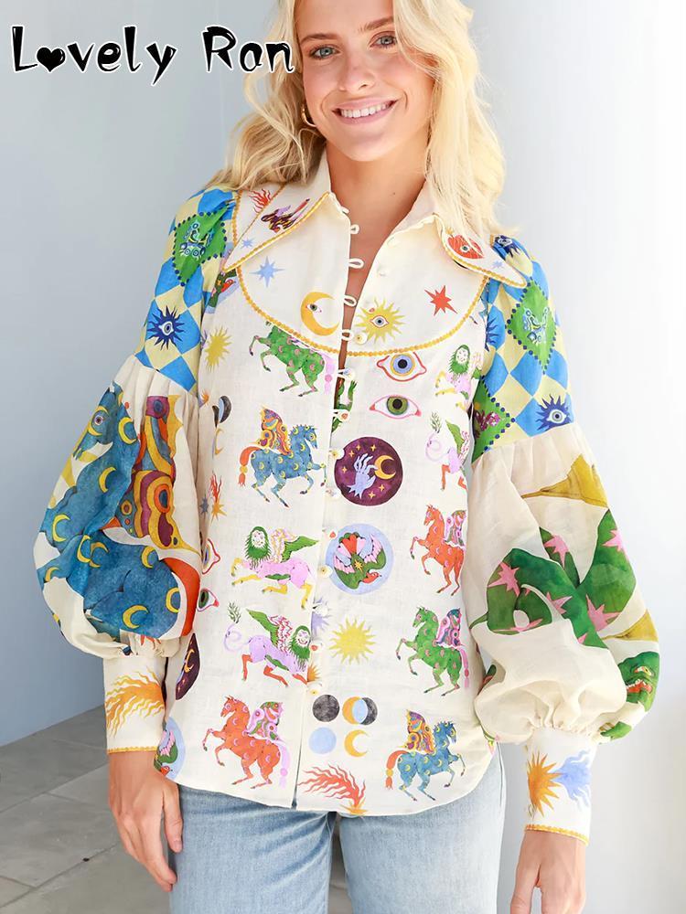 Women's Blouses Shirts Fashion Cartoon Print Shirts For Women Retro Long Lantern Sleeve Blouse Female Elegant Lapel Puff Shirts Hit Color Chic To