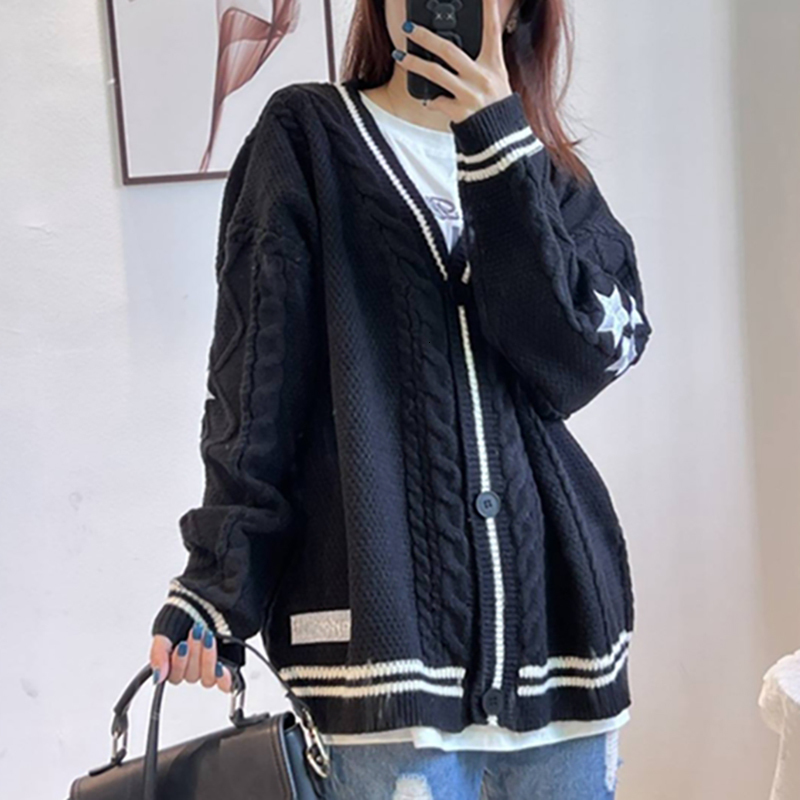Womens Knits Tees Star Embroidery Loose Cardigans Women Y2K Vintage Autumn Tay Single Breasted Long Sleeve Top Coats Ladies Knitted Sweaters 230828