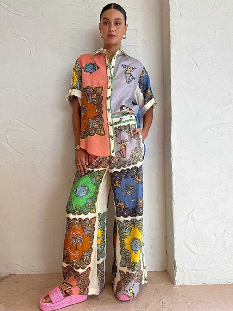 Women's Two Piece Pants Print Pant Sets Women Short Sleeve Single Breasted Top Wide Leg Drawstring Trousers Female Casual Shirt Two Piece Set For