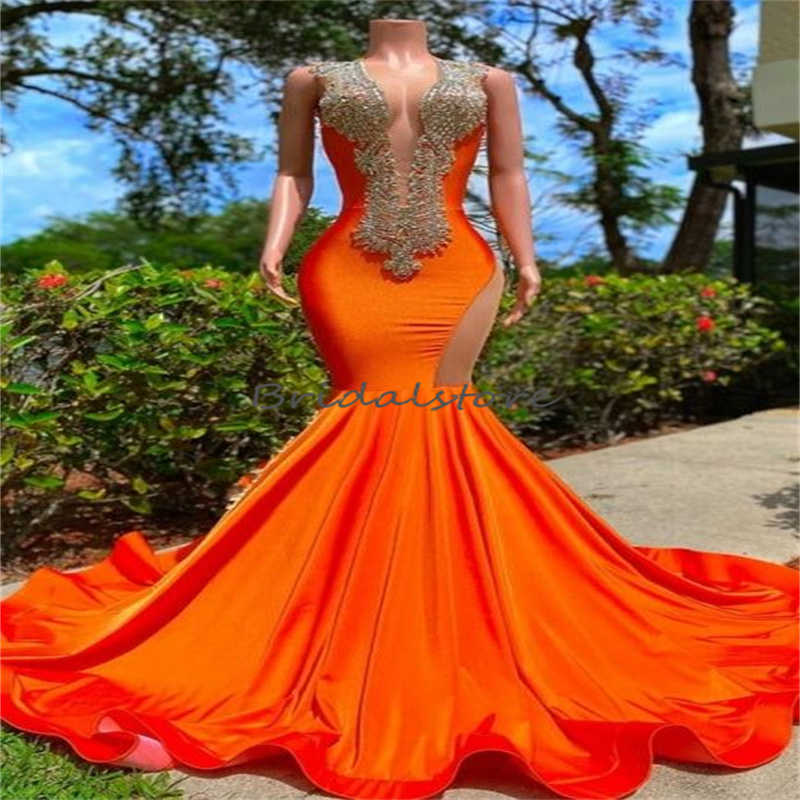 Bright Green Mermaid Evening Dress With Beaded Elegant Open Back Orange Black Girls Prom Dresses 2023 Graduation Birthday Party Aso Ebi Formal Dance R