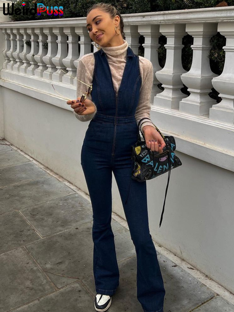 Women's Jumpsuits Rompers Weird Puss Cotton Elegant Denim Jumpsuit Women Sleeveless Zipper Fashion Hipster Casual High Street Wide Legs Activewea