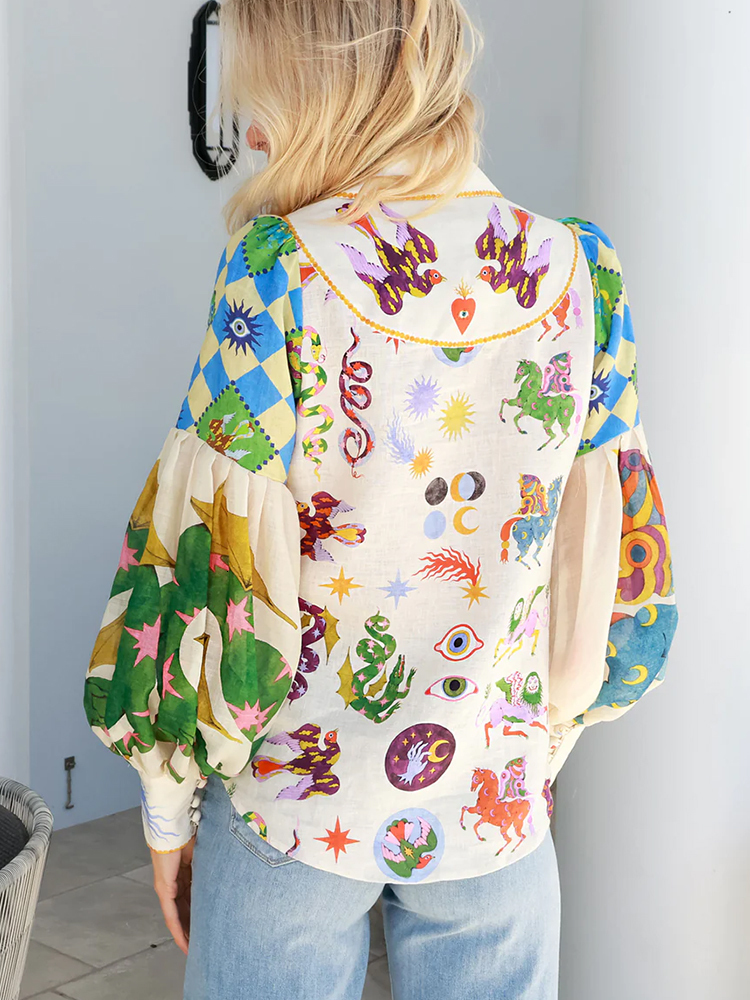 Women's Blouses Shirts Fashion Cartoon Print Shirts For Women Retro Long Lantern Sleeve Blouse Female Elegant Lapel Puff Shirts Hit Color Chic To