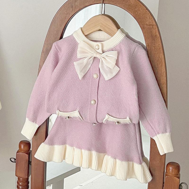Clothing Sets 2023 Autumn Kids Girls Clothes Outfits 2Pcs Single Breastes Solid Coats with Bownot Skirt Child Tracksuit 2 4 6 8Year 230828