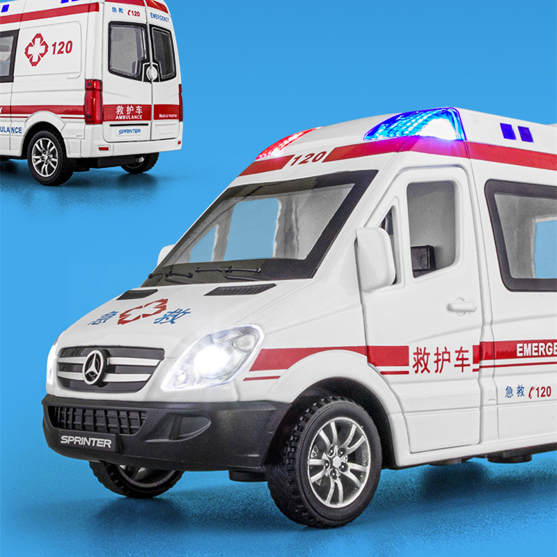 Diecast Model car 1 32 Sprinter Alloy Ambulance Vehicles Car Model Diecasts Metal Toy Ambulance Car Model Simulation Sound and Light Kids Toy Gift 230