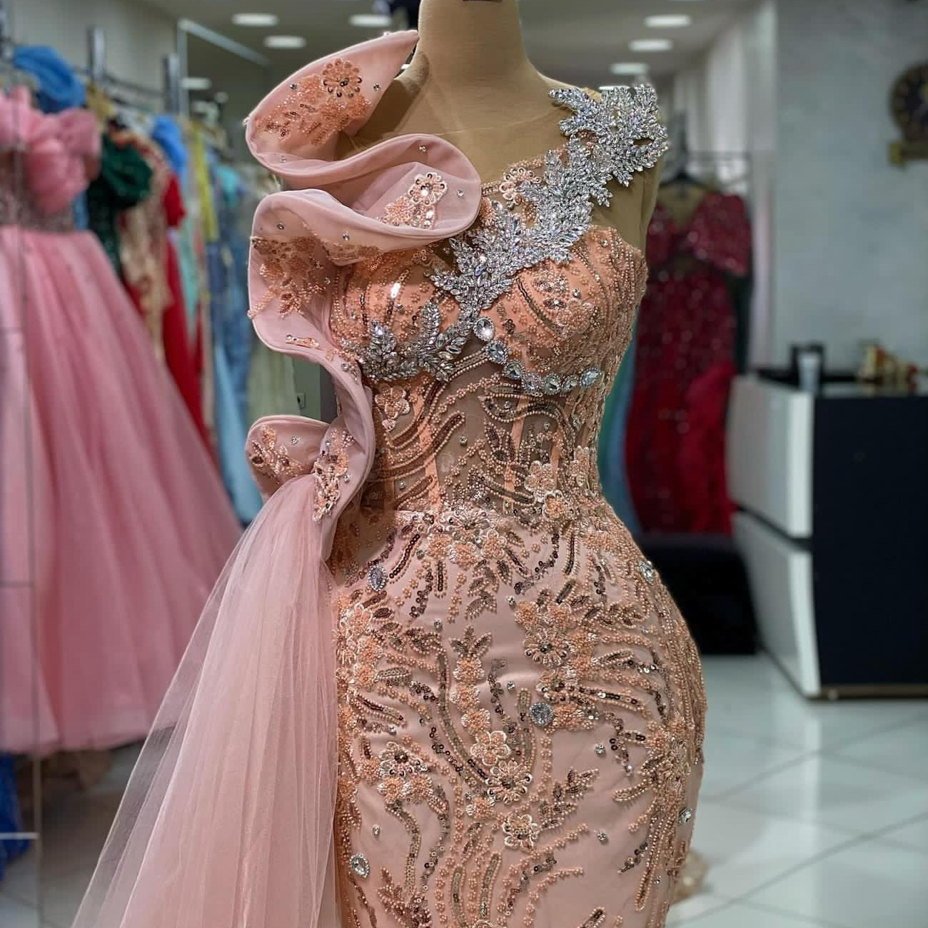 2023 Aso Ebi Arabic Pink Mermaid Prom Dress Crystals Sequined Lace Evening Formal Party Second Reception Birthday Engagement Gowns Dresses Robe De Soi