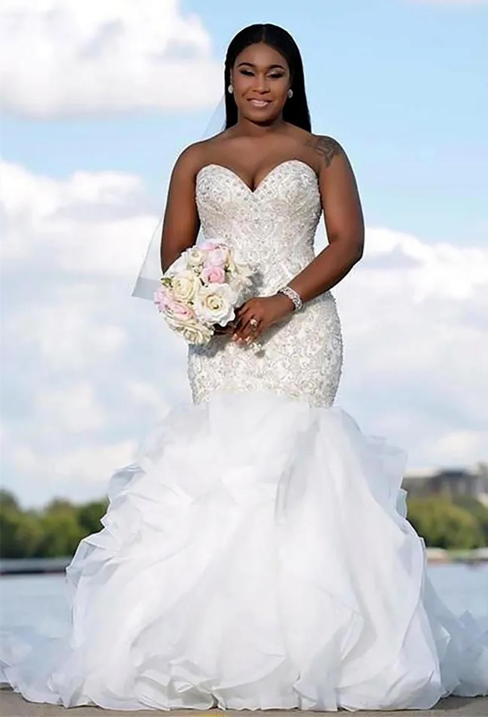 Wedding Dresses White Bridal Gowns Formal Sweep Train Applique New Ivory Custom Plus Size Lace Up Mermaid Trumpet Organza Beaded Sweetheart Sleeveless