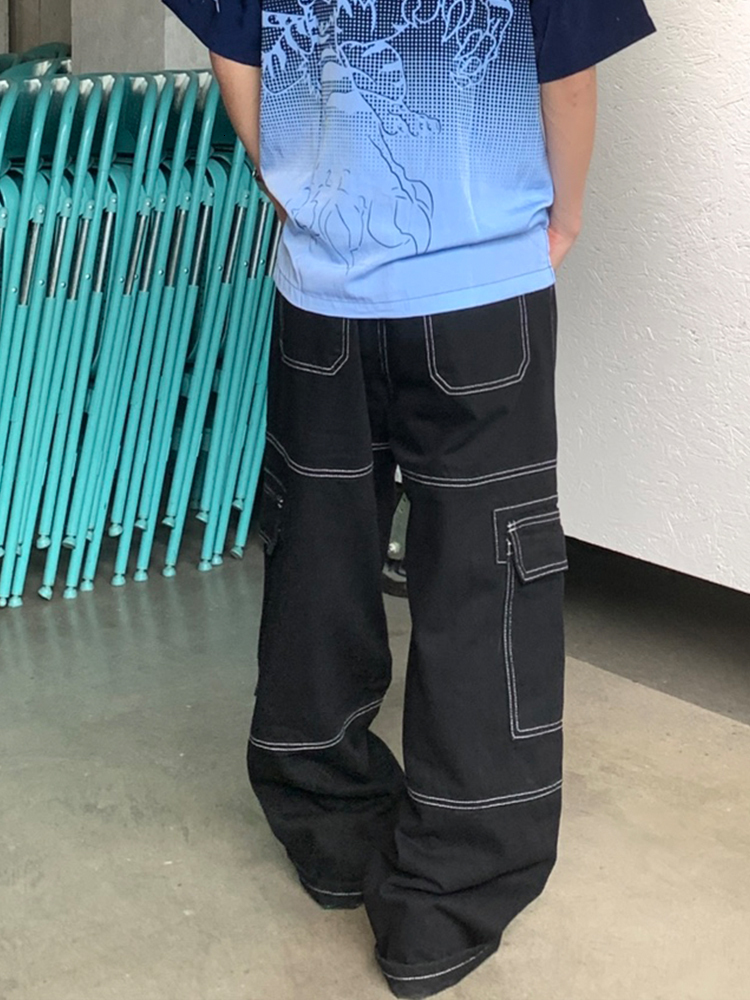 Men's Jeans Black Multi Pocket Loose Wide Leg Jeans Men'S Y2k Casual Fashion Jeans Cargo Pants Side Large Pocket Street Men'S Wear 2308