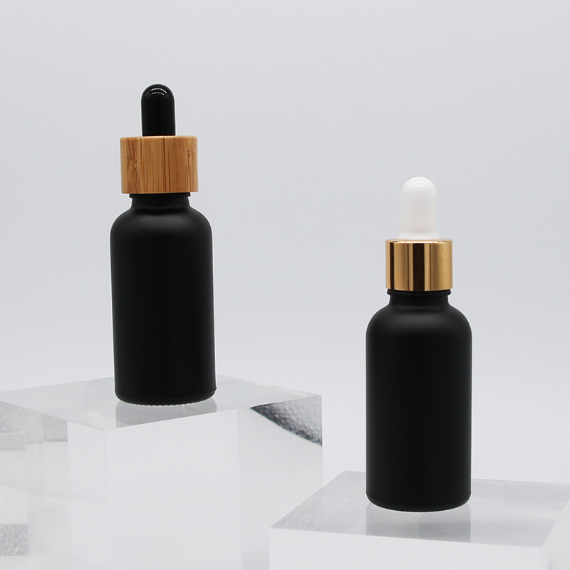 Matte Black Glass Essential Oil Bottles Skin Care Serum Dropper Bottle with Bamboo Pipette 10ml 15ml 20ml 30ml 50ml 100ml