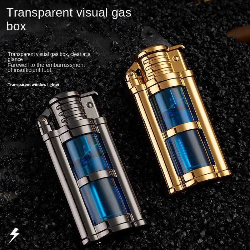 2023 New Transparent Visible Fuel Bin Torch Windproof Butane Lighter Men's Gift Cigarette Accessories Cigar Igniter P1VO W260202