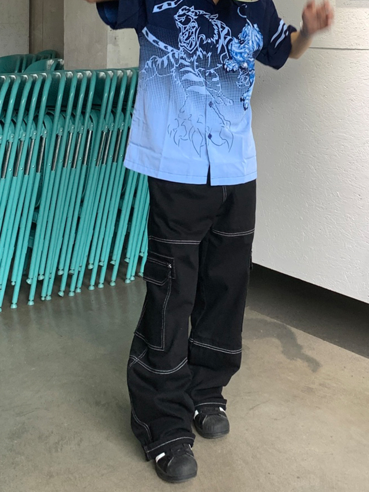 Men's Jeans Black Multi Pocket Loose Wide Leg Jeans Men'S Y2k Casual Fashion Jeans Cargo Pants Side Large Pocket Street Men'S Wear 2308