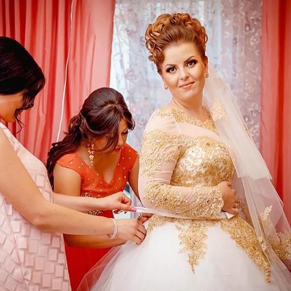 Wedding Dresses New White Bridal Gowns A Line Formal O-Neck Long Sleeve Sweep Train Tulle Gold Applique Beaded Ivory Custom Plus Size Lace Up