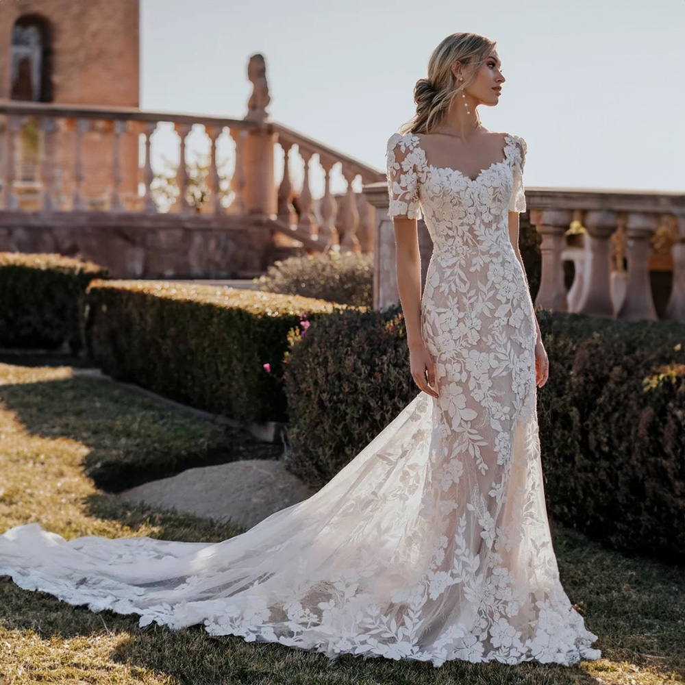 Graceful Lace Mermaid Wedding Dresses Sweetheart Short Sleeve Floral Appliques Bridal Gown Sweep Train Country Civil Mariage