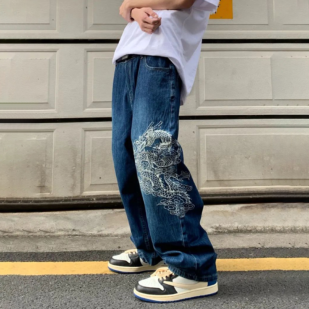 Men's Jeans Retro Streetwear Dragon Embroidery Straight Baggy Pants Jeans Men Harajuku Trend Trousers Wide Leg Loose Oversize Hip Hop 230829