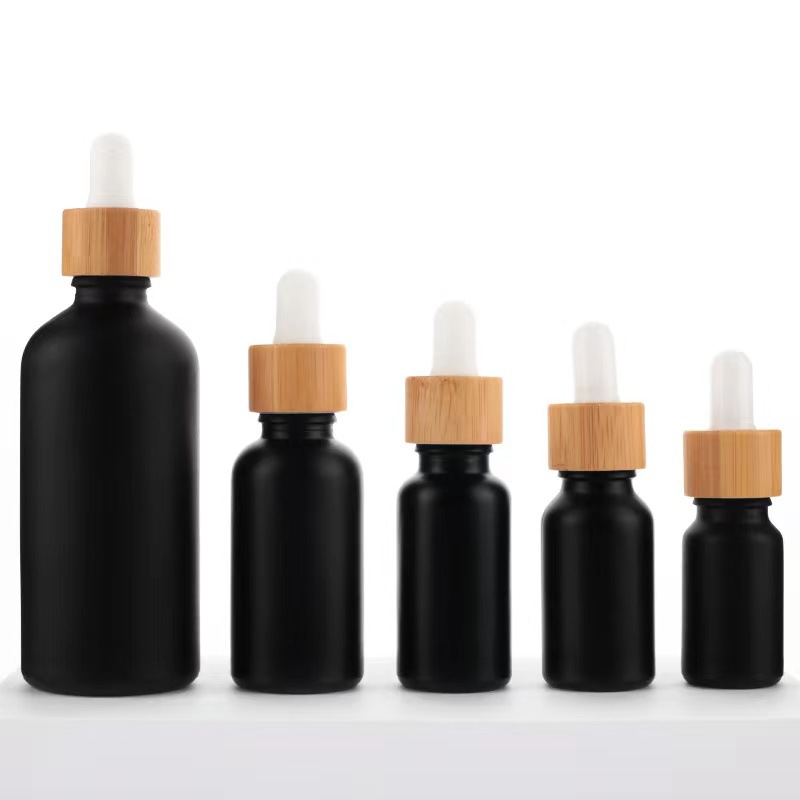Matte Black Glass Essential Oil Bottles Skin Care Serum Dropper Bottle with Bamboo Pipette 10ml 15ml 20ml 30ml 50ml 100ml